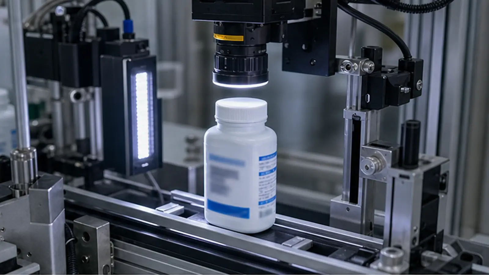 Controllo vision integrato di tappo, etichetta e sigillo per alimenti e farmaci in funzione su una linea di controllo tappo, etichetta e sigillo per alimenti e farmaci