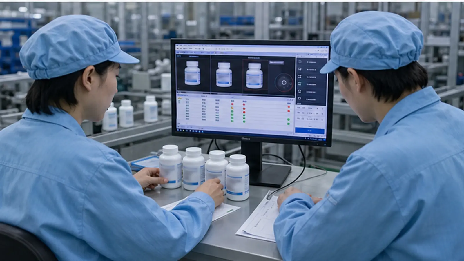 Controllo vision integrato di tappo, etichetta e sigillo per alimenti e farmaci in funzione su una linea di controllo tappo, etichetta e sigillo per alimenti e farmaci