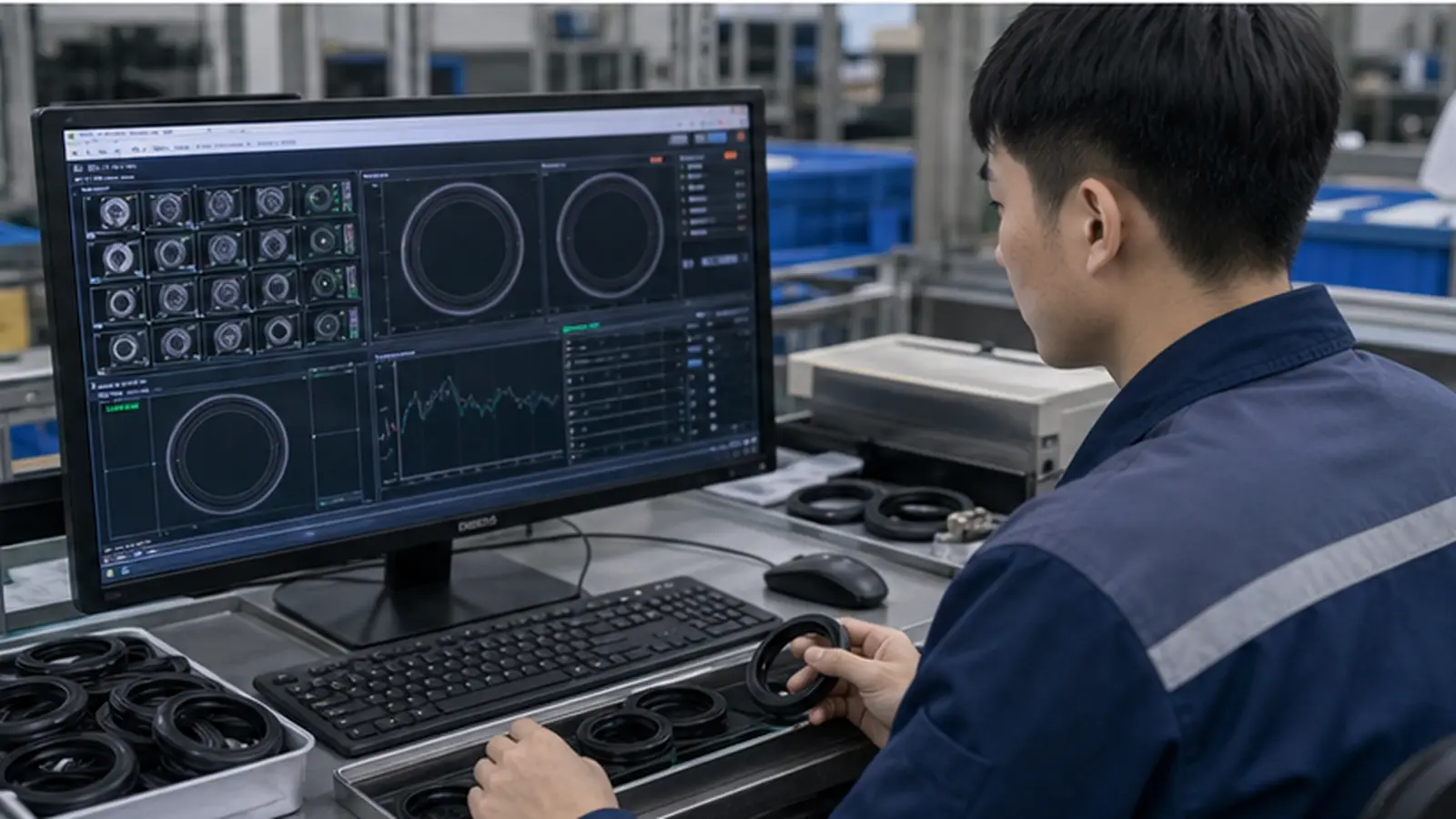 Vision-Sortier- und Maßprüflinie für Gummidichtringe im Einsatz an einer Linie zur Sortierung und Maßprüfung von Gummidichtringen