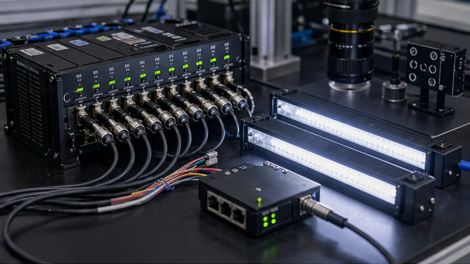 Intelligenter Vision-Lichtcontroller mit Strobe-Synchronisation im Einsatz an einer Labor für intelligente Vision-Beleuchtung und Strobe-Synchronisation
