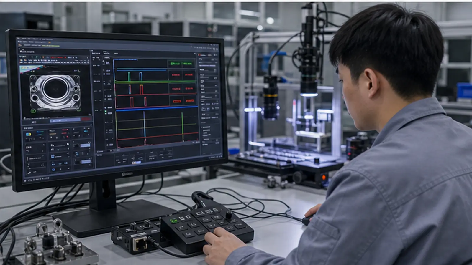 Intelligenter Vision-Lichtcontroller mit Strobe-Synchronisation im Einsatz an einer Labor für intelligente Vision-Beleuchtung und Strobe-Synchronisation