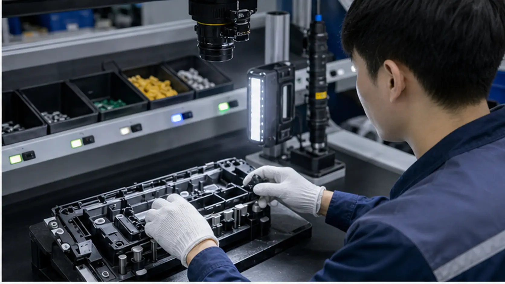 Stazione SOP-500 per verifica assemblaggio multi-step in funzione su una stazione manuale di assemblaggio elettronica automotive