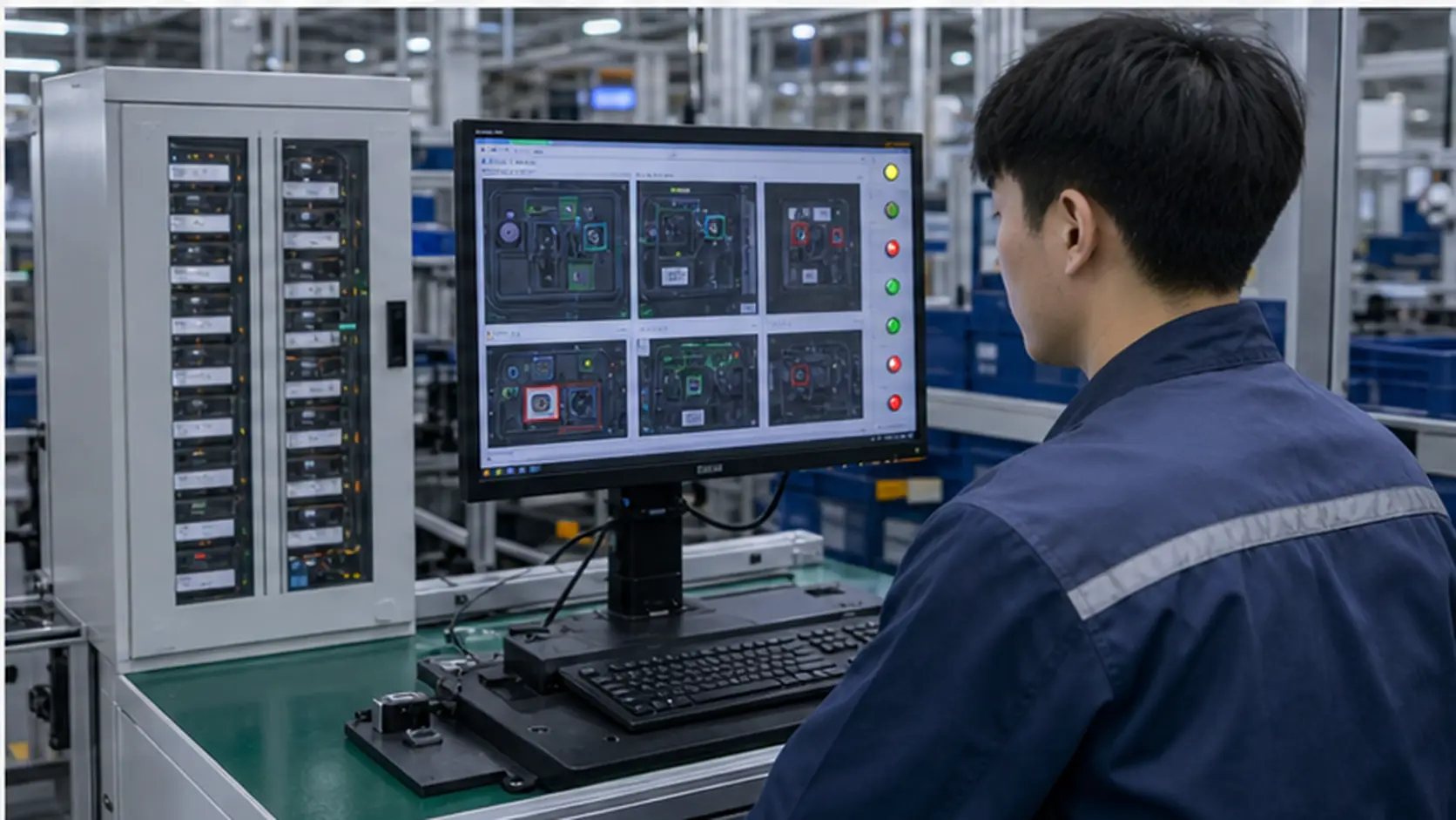 Stazione SOP-500 per verifica assemblaggio multi-step in funzione su una stazione manuale di assemblaggio elettronica automotive